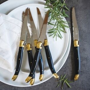 Laguiole Dubost VTG Silver & Gold Steak Knife Set 6 - Bee Emblem